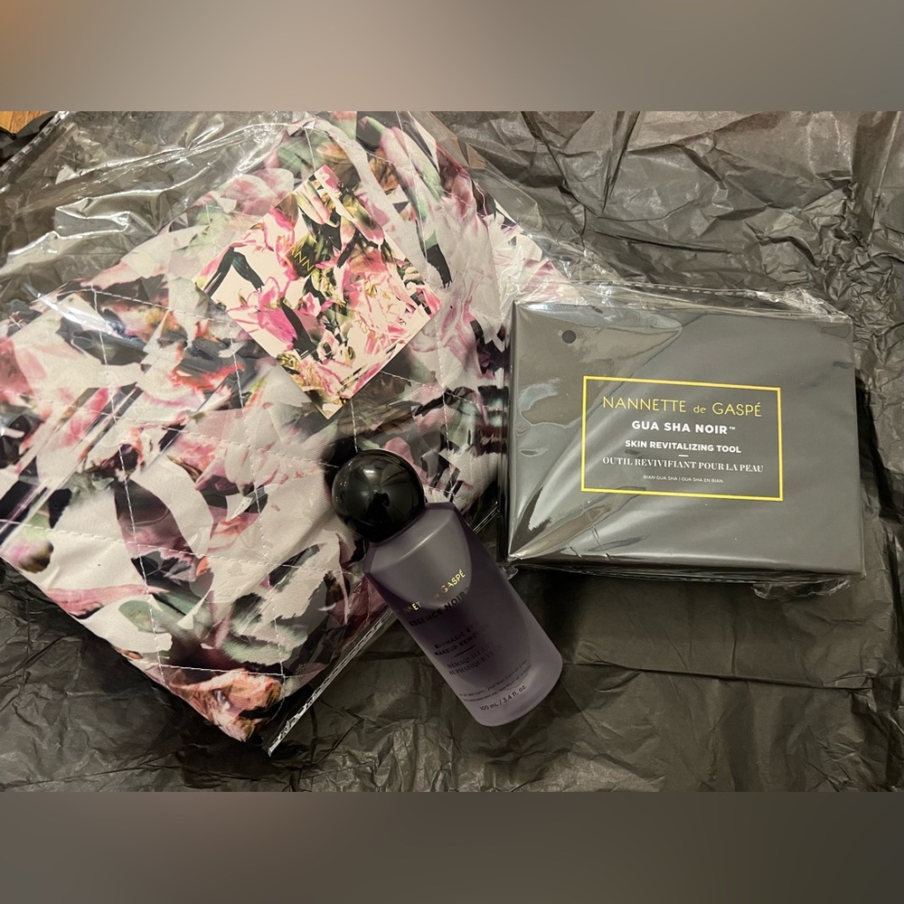 Nannette de Gaspe Bundle - Bi-Phasic Eye Makeup Remover, Gua Sha, and Beauty Bag
